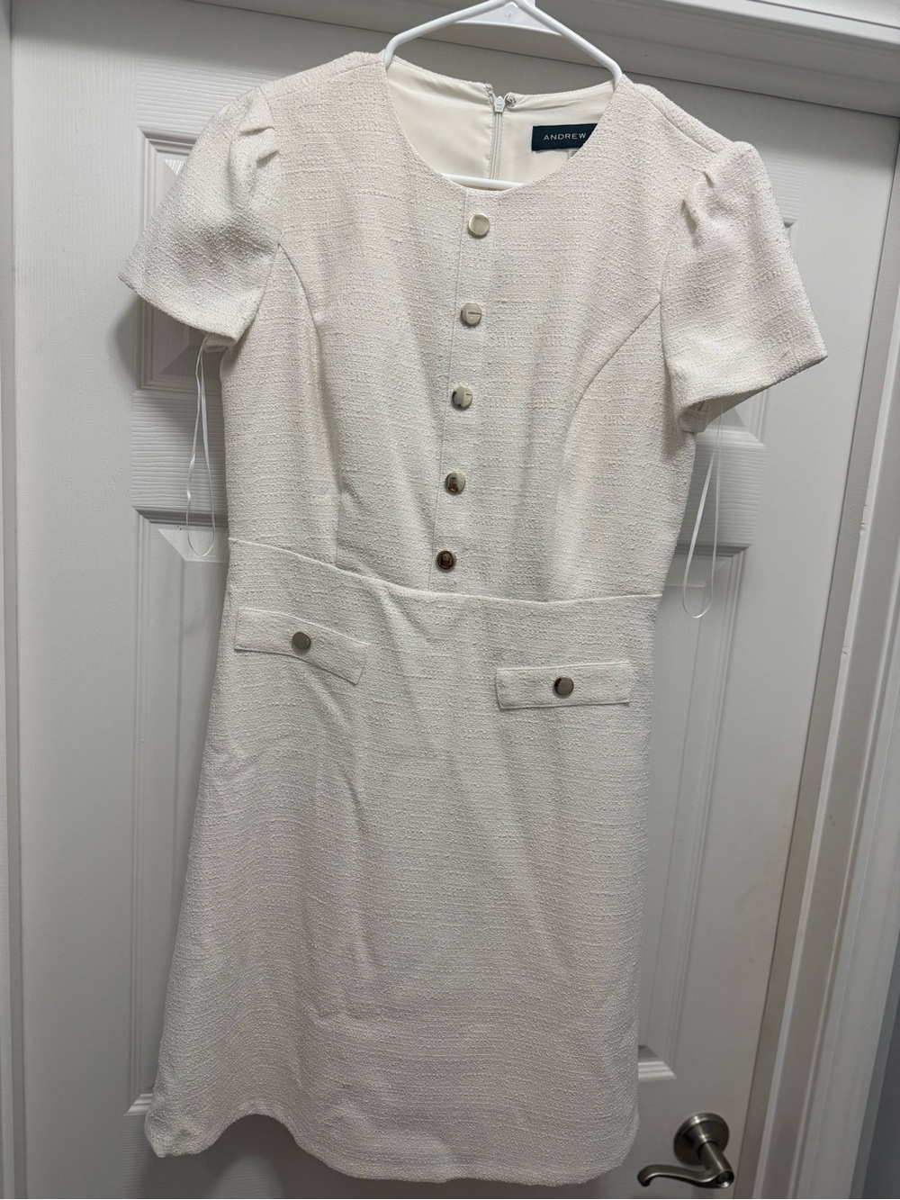 Andrew Marc Cream Textured Short-Sleeve Sheath Dress with Button Front